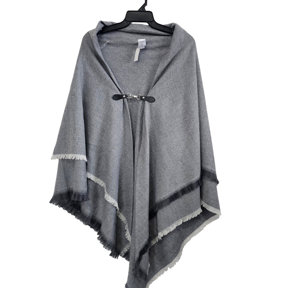 Gray Knit Poncho Wrap with Faux Leather Toggle Clasp Fringe Hem S-M
